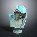 Green Bust Sculpture with Crown of Thorns Long Hair Bowed Head on Circular Pedestal