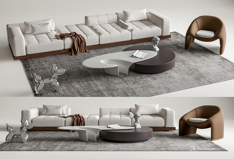 Modern White Sofa and Oval Coffee Table Set with Brown Accent Chair Pillows and Rug 3d model 