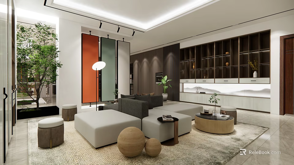 Modern Showroom Interior Design With Sofa Coffee Tables Plants Colorful Screens And Bookshelves 3d model 