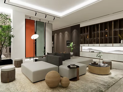Modern Showroom Interior Design With Sofa Coffee Tables Plants Colorful Screens And Bookshelves 3d model
