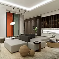 Modern Showroom Interior Design With Sofa Coffee Tables Plants Colorful Screens And Bookshelves