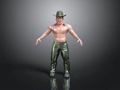 3D Male Character Model With Cowboy Hat Bare Chest Shiny Green Pants And Dark Background 3d model
