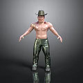 3D Male Character Model With Cowboy Hat Bare Chest Shiny Green Pants And Dark Background