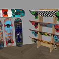 Sports Equipment Skateboards with Various Graphic Designs and Colorful Wheels on Wall and Display Shelf
