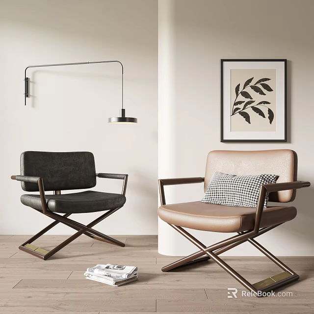 Modern Accent Chairs with Wooden Cross Legs Leather and Fabric in Minimalist Interior 3d model 