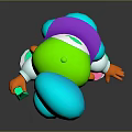 Game And Movie Character Blue Hair Rainbow Shirt Standing On Colorful Skateboard Holding Green Item