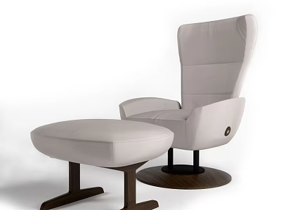Light Colored Leather Leisure Chair With Ottoman And Dark Wooden Base 3d model