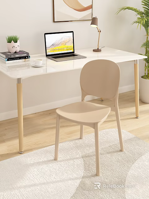 Modern Minimalist Beige Dining Chair In Home Office With White Desk Laptop Books And Plant 3d model 