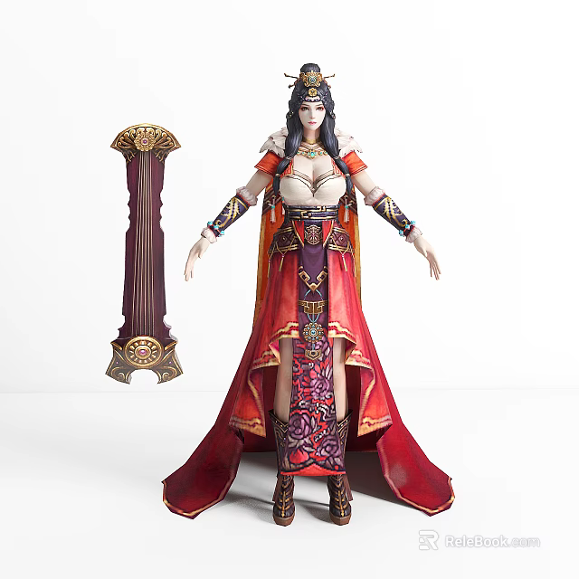 Elegant Female Character Wearing Traditional Ornate Red Robe With Intricate Patterns And Decorative Pillar 3d model 