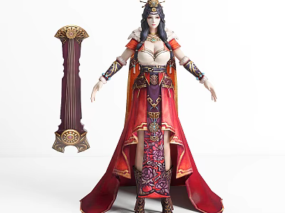 Elegant Female Character Wearing Traditional Ornate Red Robe With Intricate Patterns And Decorative Pillar 3d model