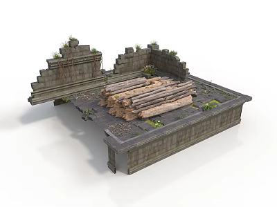 Modern Stone Platform Design Featuring Stacked Wood Logs And Surrounding Greenery 3d model
