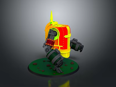 Horned Mechanical Character With Red Yellow Armor Black Arms And Green Base 3d model
