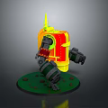 Horned Mechanical Character With Red Yellow Armor Black Arms And Green Base