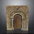Ancient Stone Arched Doorway Structure With Wooden Door And Decorative Columns