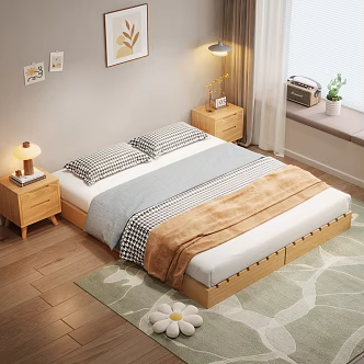 Nordic Bedroom Double Bed Original Wood Bed Solid Wood Bed 3d model