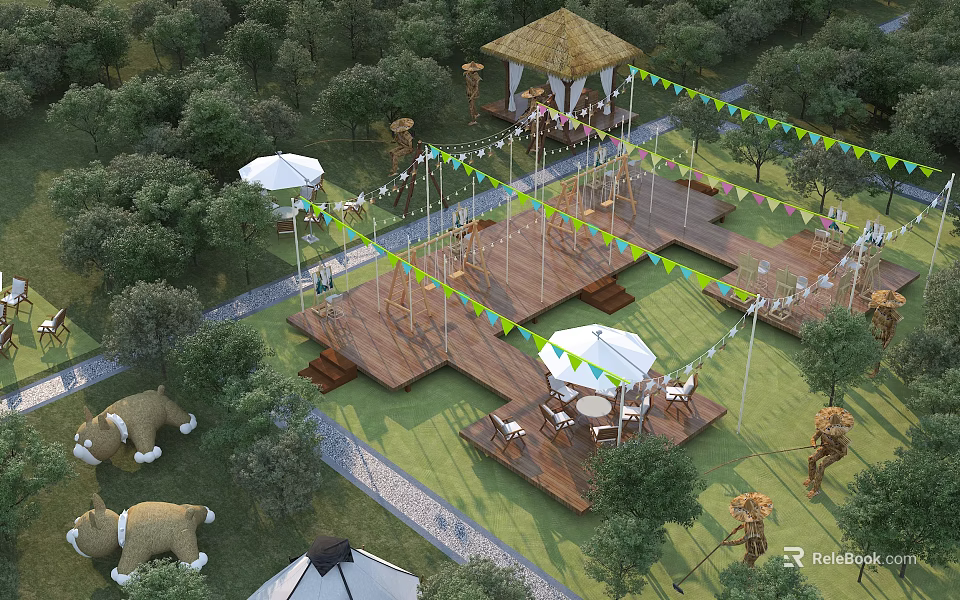 Tranquil Garden Landscape Design With Wooden Platforms Colorful Bunting Pavilion And Umbrellas 3d model 