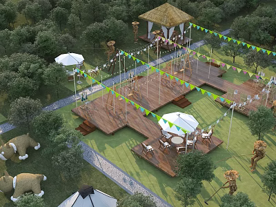 Tranquil Garden Landscape Design With Wooden Platforms Colorful Bunting Pavilion And Umbrellas 3d model