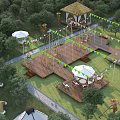 Tranquil Garden Landscape Design With Wooden Platforms Colorful Bunting Pavilion And Umbrellas