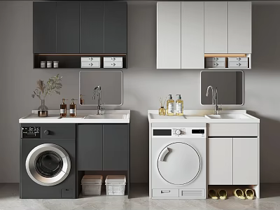 Gray And White Bathroom Vanity Cabinet With Washing Machine Countertop Faucet And Wall Mounted Cabinets 3d model