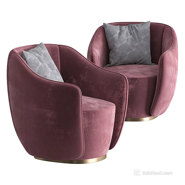 Burgundy Velvet Single Sofa With Gray Cushion And Gold Legs Modern Design 3d model 
