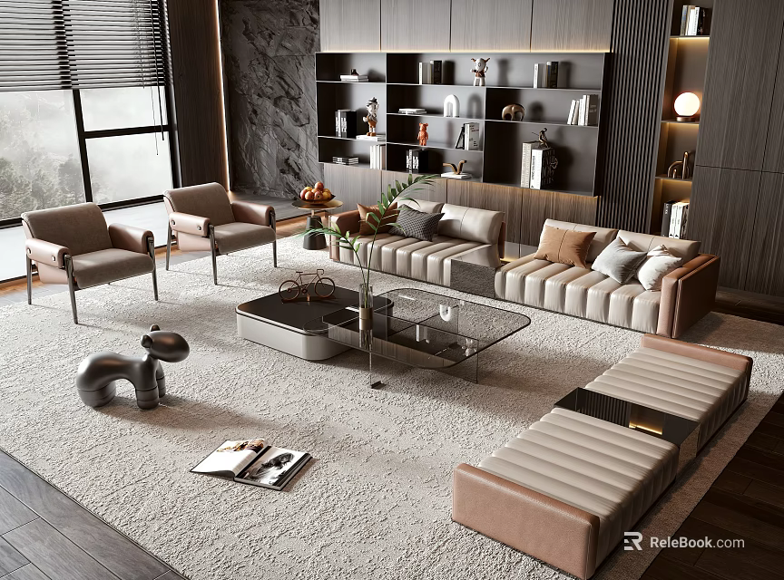 Modern Living Room Interior With Sofa And Coffee Table Set Accent Chairs And Bookshelf Decorations 3d model 