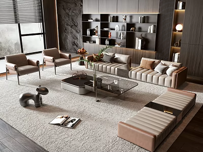 Modern Living Room Interior With Sofa And Coffee Table Set Accent Chairs And Bookshelf Decorations 3d model