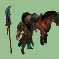 Game Movie Character In Ornate Armor With Brown War Horse And Decorative Spear