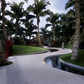 Tropical Modern Residential Landscape with Palm Trees White Stone Walkway Greenery and Rock Decorations