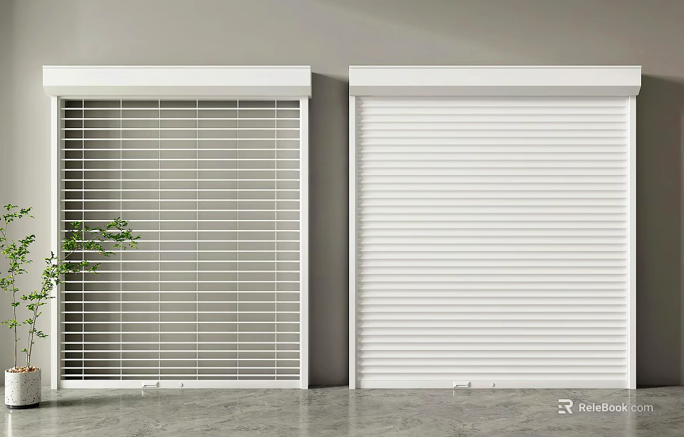 White Roller Shutters With Grille And Smooth Slats In Indoor Space With Green Plant 3d model 
