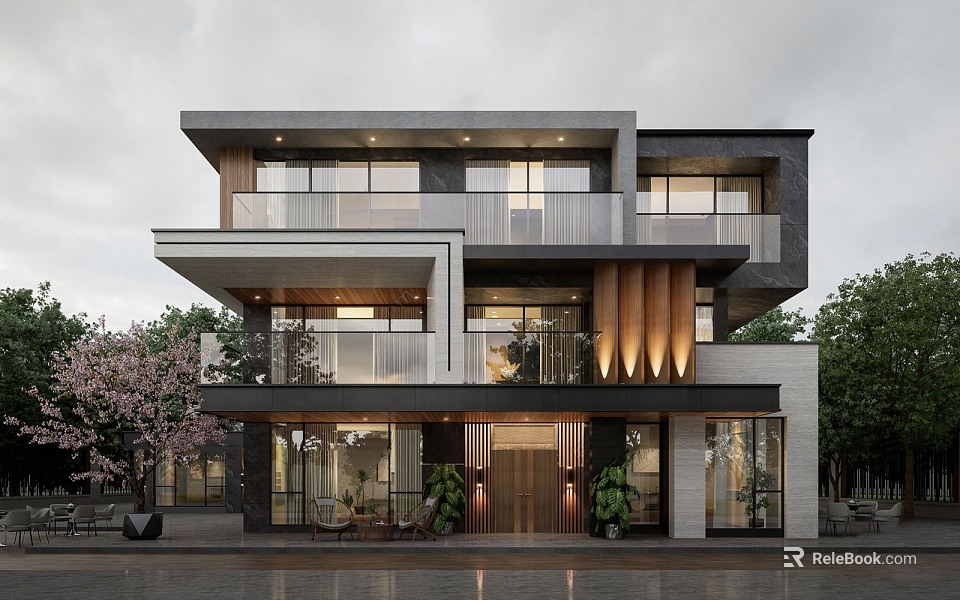 Modern Detached Villa Exterior With Glass Facade Balconies Wooden Accents Warm Lighting And Greenery 3d model 