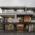 Modern Detached Villa Exterior With Glass Facade Balconies Wooden Accents Warm Lighting And Greenery