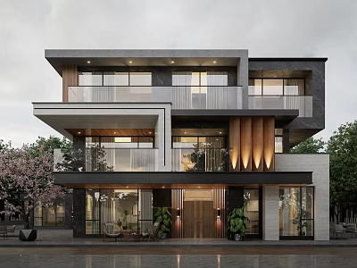 Modern Detached Villa Exterior With Glass Facade Balconies Wooden Accents Warm Lighting And Greenery 3d model
