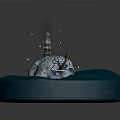 Circular Blue Base Scene With Small Island Snow Covered Trees And Green Glowing Dots
