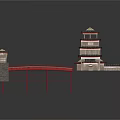 Traditional Chinese Architectural Structure With Pagoda Tower Arch Bridge And Stone Walls