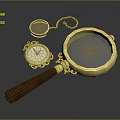 Vintage Magnifying Glass With Wooden Handle Gold Frame Chain And Small Lenses