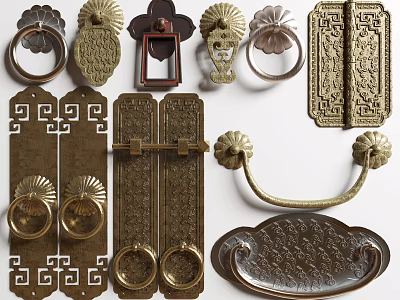 Vintage Carved Metal Handles With Various Ornate Designs And Decorative Details 3d model