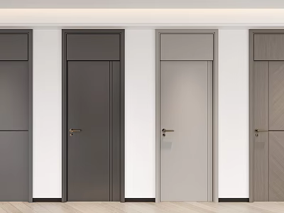 Four Modern Hinged Doors With Different Colors Mounted On White Walls 3d model