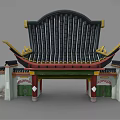 Traditional Chinese Entrance Gate With Black Tile Roof Yellow Decorations And Red Pillars