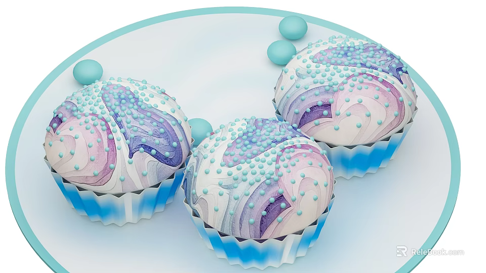 Colorful Cupcakes With Purple Pink Swirl Frosting Blue Sprinkles And Blue Paper Liners 3d model 