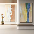 Modern Abstract Painting With Brown White Yellow Blue Tones Displayed On Interior Wall