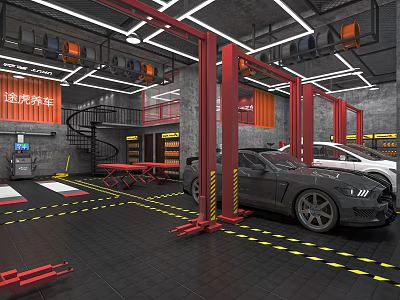 Car Dealership Service Workshop With Red Lifts Gray White Cars And Repair Equipment 3d model