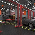 Car Dealership Service Workshop With Red Lifts Gray White Cars And Repair Equipment