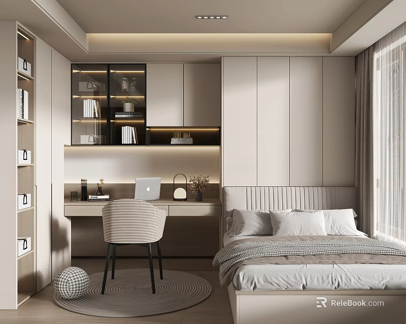 Modern Minimalist Tatami Bedroom Interior With Writing Desk Chair And Soft Lighting 3d model 