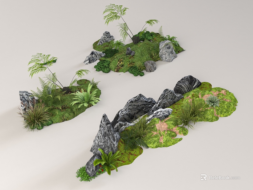 Landscape Display With Rocks Green Plants And Moss 3d model 