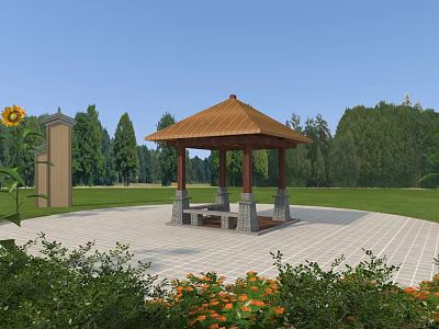 Scenic Outdoor Pavilion with Brown Roof Green Lawn Trees Stone Monument Sunflower and Orange Flowers 3d model