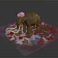 Woolly Mammoth With Long Tusks Standing In Snowy Habitat Surrounded By Grass And Small Plants