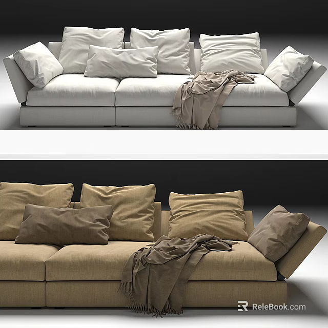 Modern Upholstered Three Seater Sofa With Multiple Cushions And Throw Blanket Design 3d model