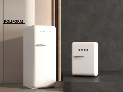 Stylish White SMEG Refrigerator and Freezer in Modern Interior with Gray Wall and Wood Accents 3d model