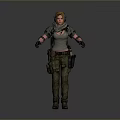 Woman Wearing Tactical Gear With Headphones Gray Top Green Pants Backpack And Weapon