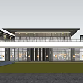 Modern Sales Office Building Exterior With Large Glass Windows Flat Roof And Lawn 3d model